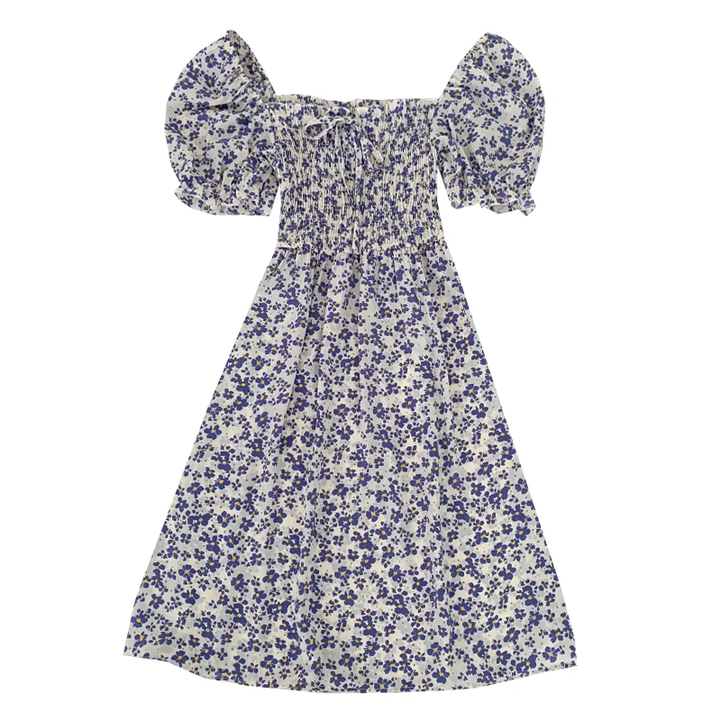

2021 Summer New Sweet All-match Floral Print Square Neck Tie Folds Thin Puff Sleeve Dress Women