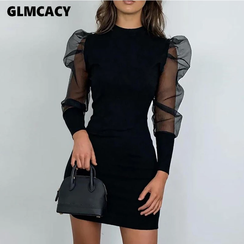 Женское черное Сетчатое прозрачное облегающее платье Gigot с длинным рукавом