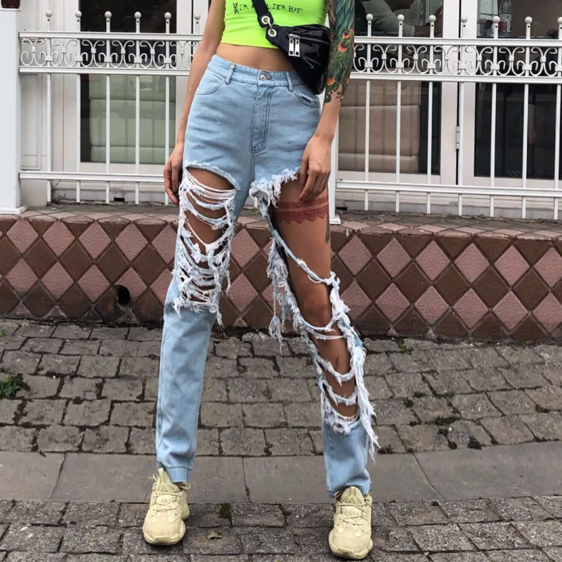 

2021 street fashion brand waist straight long pants wash light color white casual jeans women's fashion