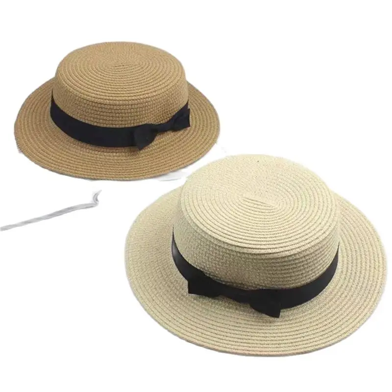 Соломенная шляпа для мальчиков и девочек пляжная на плоской подошве с черными