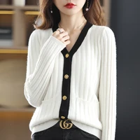 spring autumn new v neck 100 pure wool knitted cardigan womens color matching with pockets large size sweater all match top