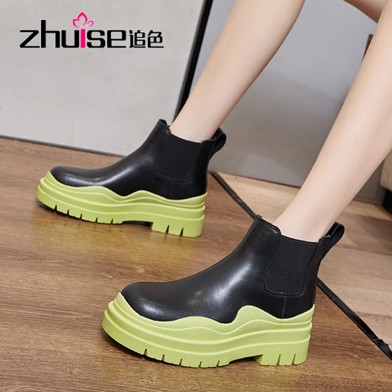 

Design Green Thick Sole Chelsea Boots Women Genuine Leather Round Toe Ankle Boots Woman Casual Motorcycle Boots Mujer 2021