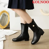 kolnoo handmade women low heel boots pearl faux leather short plush warm mid calf boots evening xmas black fashion winter shoes