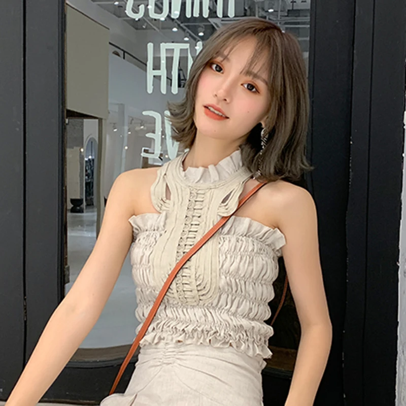 

TWOTWINSTYLE Apricot Ruched Slim Vests For Women Stand Collar Sleeveless Short Sexy Tank Tops Female 2021 Summer Fashion Clothes