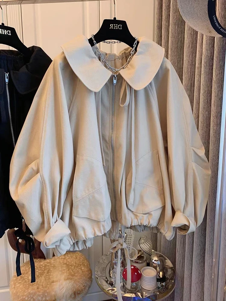 

SuperAen 2021 Новое однотонное универсальное винтажное Плиссированное свободное Кукольное пальто с воротником Питер Пэн ветровка женские осенн...