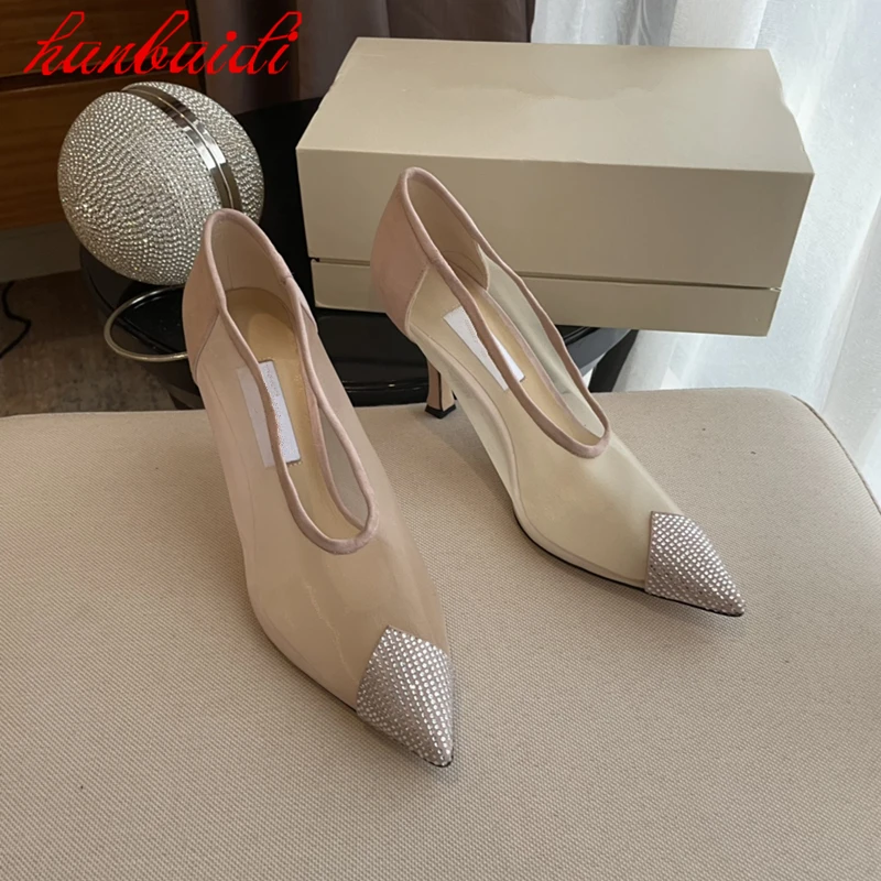 

Fashion Ladies Shose Pointed Tor Slip On Casual Shose Mixed Color Thin Heels Pumps Mesh Hollow Concise Women Shose