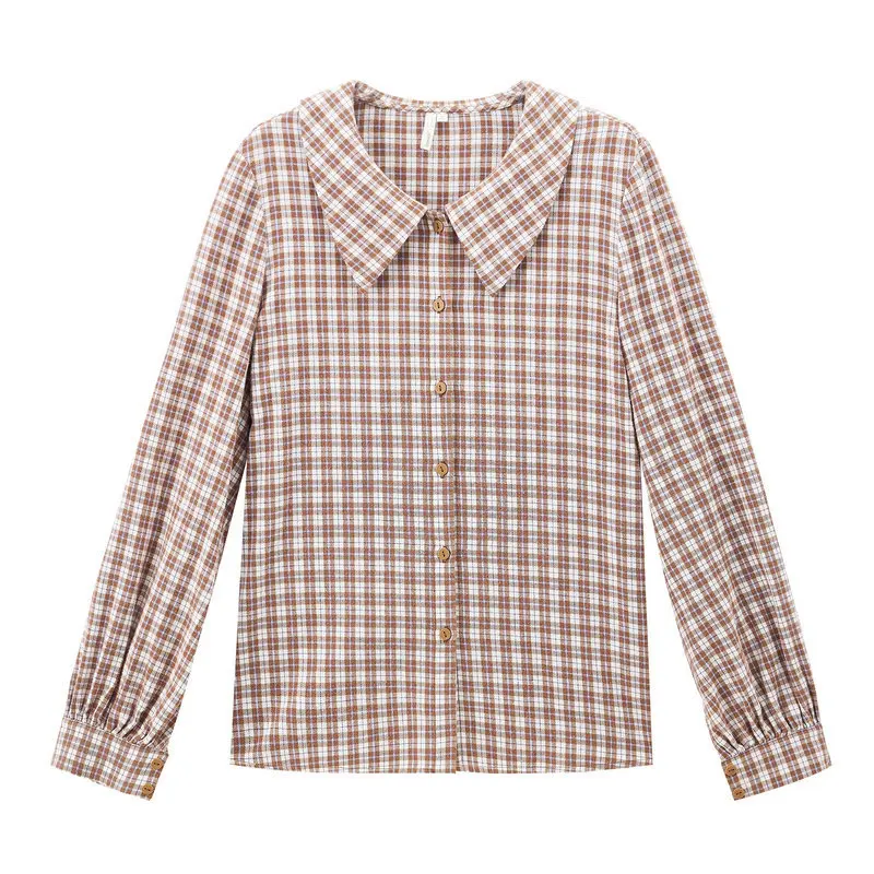 Sky Blue INMAN Winter New Arrival Literary Retro 100%Cotton Doll Collar Plaid Loose Long Sleeve Women Blouse - Цвет: Sky Blue