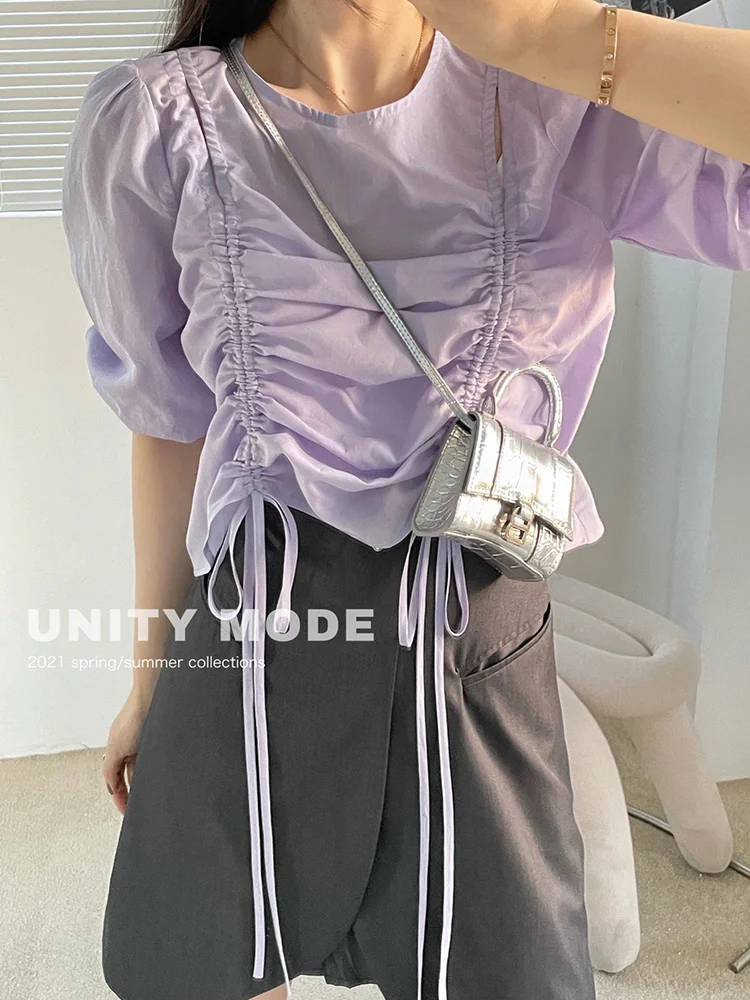 

Women Blouses Large Design Lace Up Drawstring Shirt Top Women's Summer And Korean Straight Thin Point Sleeve