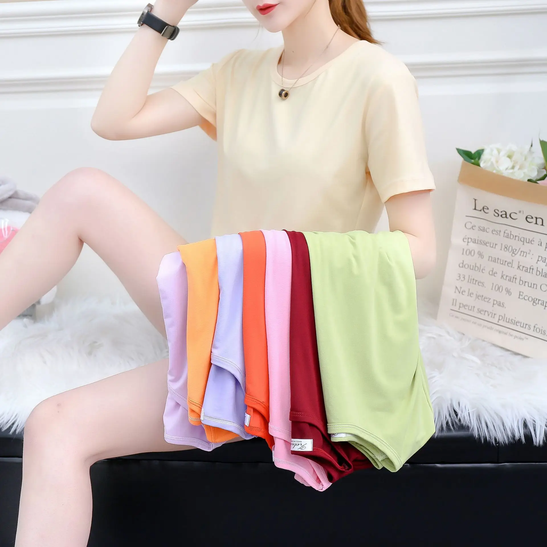 

Women's 2020 New Milk Silk Fabric Pure Color Slim Top Short Sleeve T-shirt M7727-C