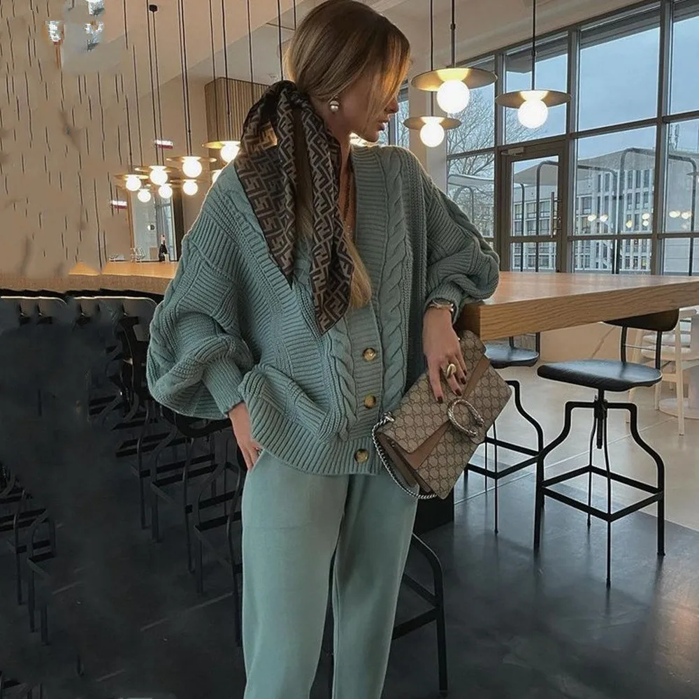 

Hottest Women Solid Knitted Two Piece Sets New Autumn Winter Single-bresated V Neck Lantern Sleeve Sweater Casual Pants Suits