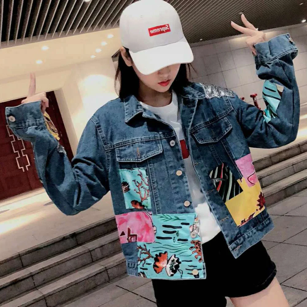 Модная Джинсовая куртка с блестками для женщин в стиле Харадзюку хип-хоп длинные