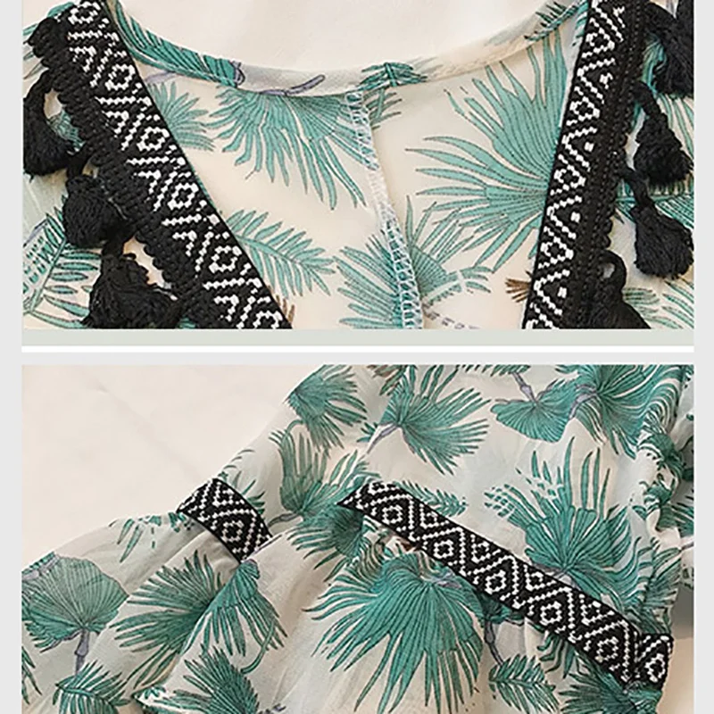 

Bohemian Style Chiffon Blouse Female Fashion Tassel Floral Printed Shirt Flare Sleeve V Neck Loose Tops