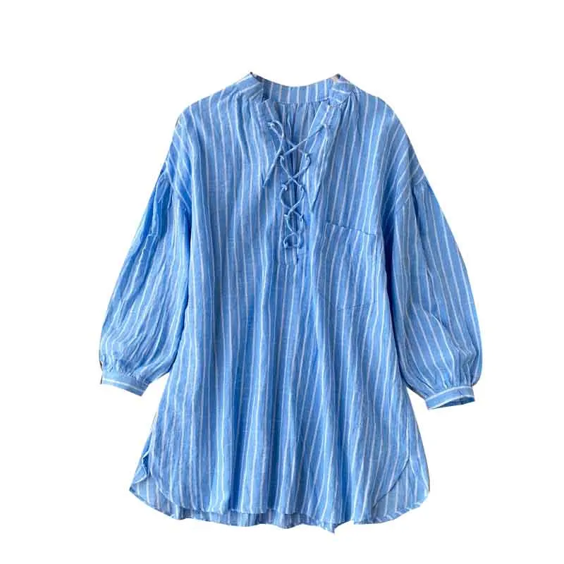 Женская блузка в полоску с перекрестными завязками V-образным вырезом и