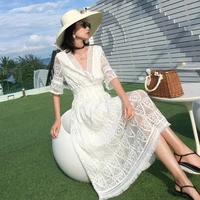 women long white lace dress summer 2022 runway elegant vintage korean fairy casual sea beach vacation party vestidos new