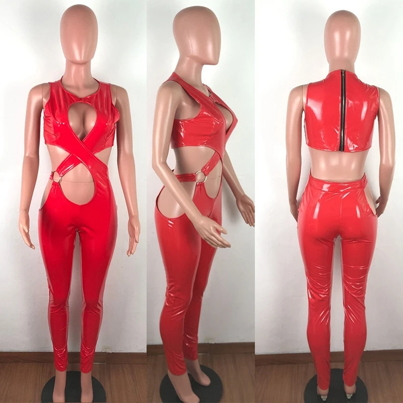 Сексуальный полый комбинезон женский черный из искусственной кожи Облегающий на