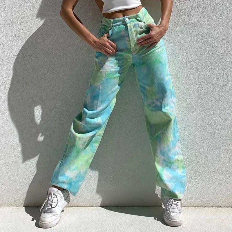 

Женские джинсы, модные зеленые прямые брюки с принтом, с завышенной талией, повседневные облегающие джинсовые брюки с карманами