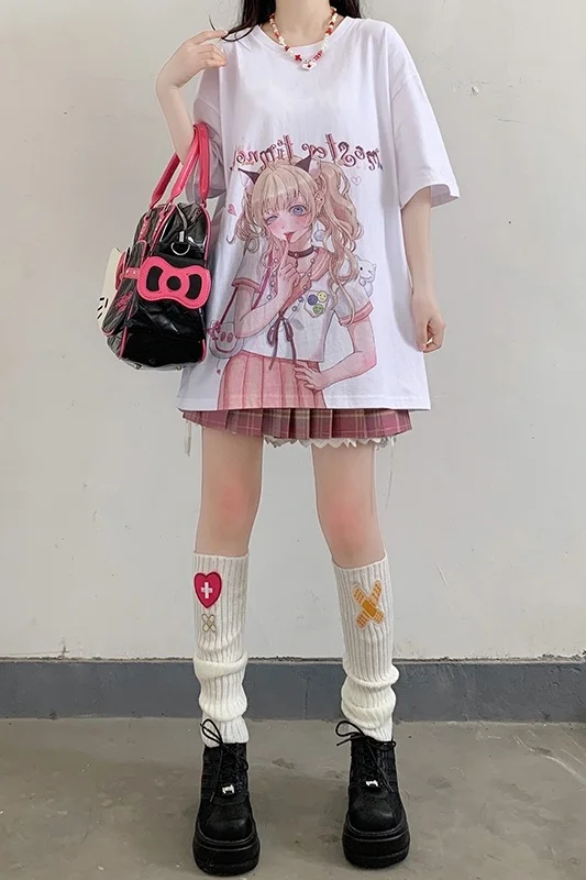 

WHOHOLL ACG Cartoon Girl Print T-shirts For Women Sweet Harajuku Short Sleeve Loose O-Neck JK Cartoon T-shirt Men