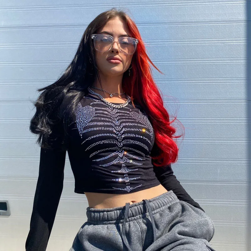 

Female clothing Skeleton rhinestones y2k Long Sleeve Goth Black harajuku Fashion fairy grunge Crop Top T Shirt Ladies Cropped