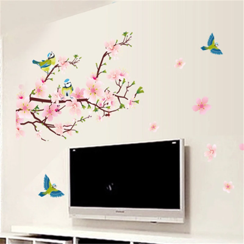 

Aesthetic Room Decor Wall Stickers Flowers Living Room Sofa TV Bedroom Decoration Peach Tree Branch Birds Wall Decor Decals