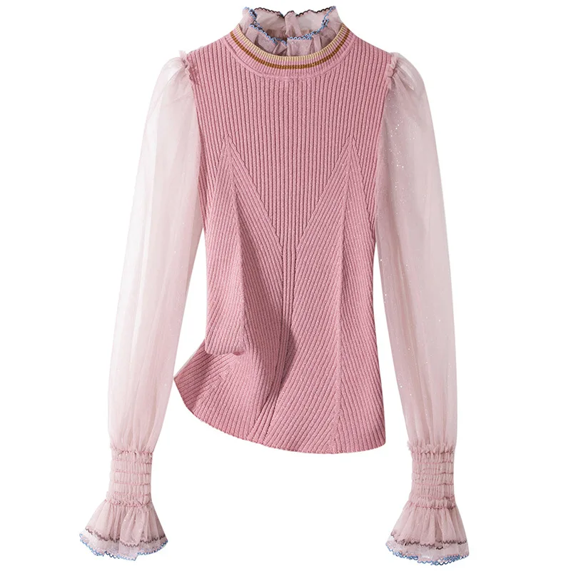 

2020 Spring Fashion Sweaters High Quality Tops Women Ruffle Mesh Patchwork Long Sleeve Pink Green Pullovers Female Knitwear