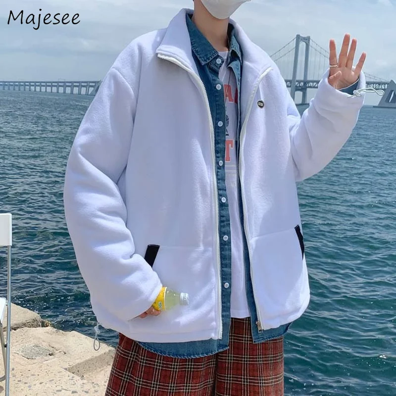 

Autumn Men Fleece Jackets Loose Preppy Style Long Sleeve Stand Collar Coats Zip-up Harajuku Pockets Warm Couple Outerwear Chic