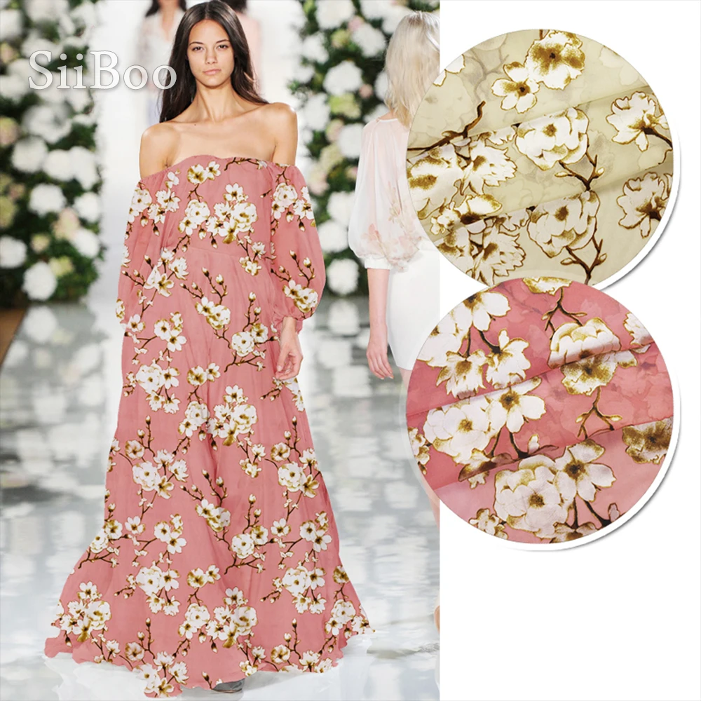 Модная абрикосовая и розовая одежда из нейлона с принтом камелии шелковая ткань