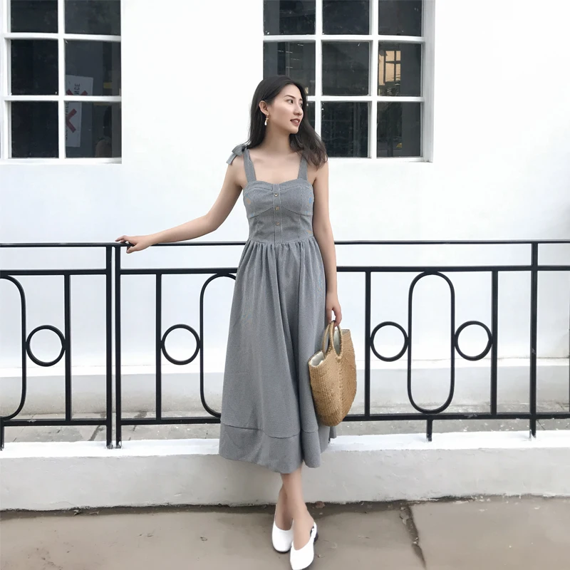 Клетчатое винтажное платье миди с бантом на кнопках в стиле ретро|Женские платья|