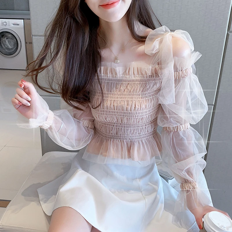 

Korean Beading Mesh Blouses Women Bow Sweet Lantern Sleeve Pearls Gauze Blouses Ladies Elegant Slash Neck Shirt Tops Chiffon