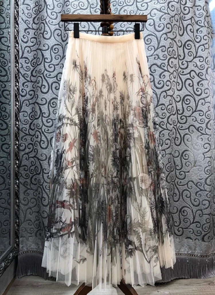 

2020 Summer Fashion Quality Women Elegant Floral Print High Waist Pleated Long Maxi Dress Ladies Beach Skirts