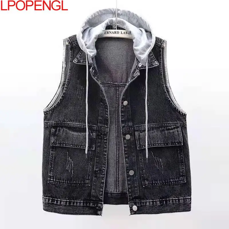 

Blue Black Single-breasted Denim Jacket Sleeveless Hooded Drawstring Lapel Vest Loose Women High Quality 2021 New Spring Autumn