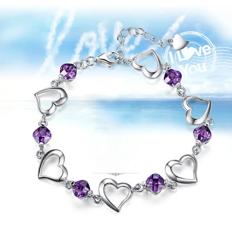 

925 Sterling Silver Amethyst Bracelets For Woman Purple Gemstone Heart Bracelets Fine Jewelry Wedding Party Gift Dropshipping