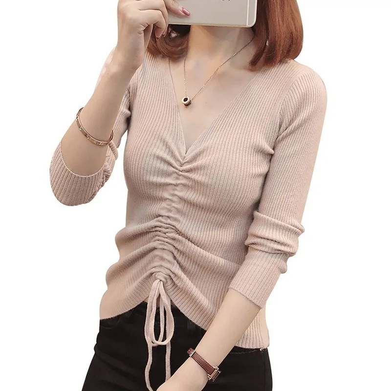 

GOOHOJIO 2020 New Spring Autumn Drawstring Sweater Women V-neck Solid Color Ladies Thin Sweater Slim Pullover Sweater for Women