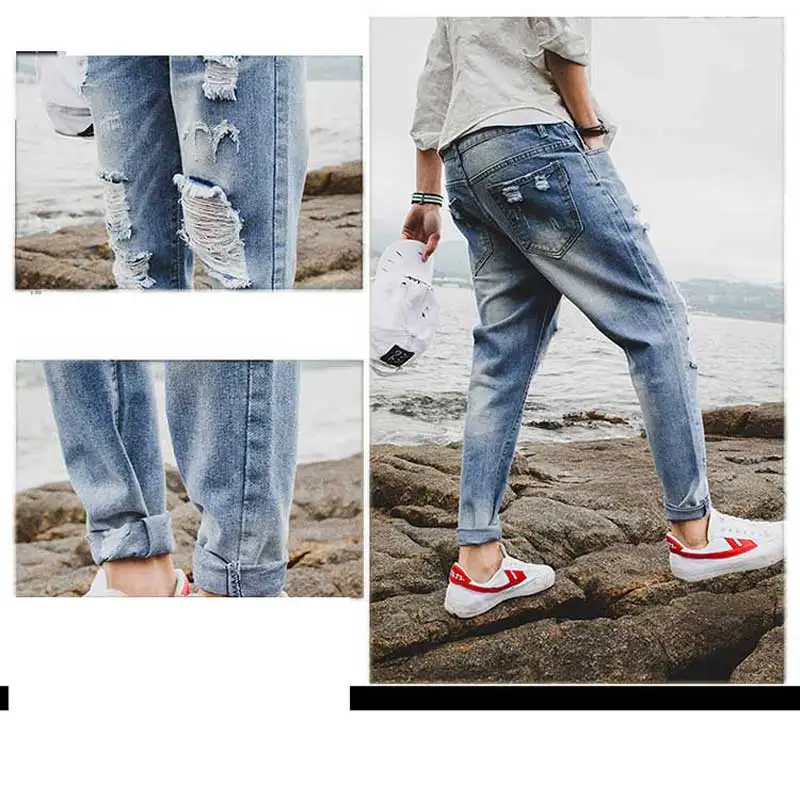2019 новые весенние мужские рваные джинсы светло голубые дырочные брюки порт ветер