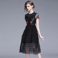 woman fashion sexy mesh dress black embroidery dress cake lace short sleeve dresses female party elegant dresses