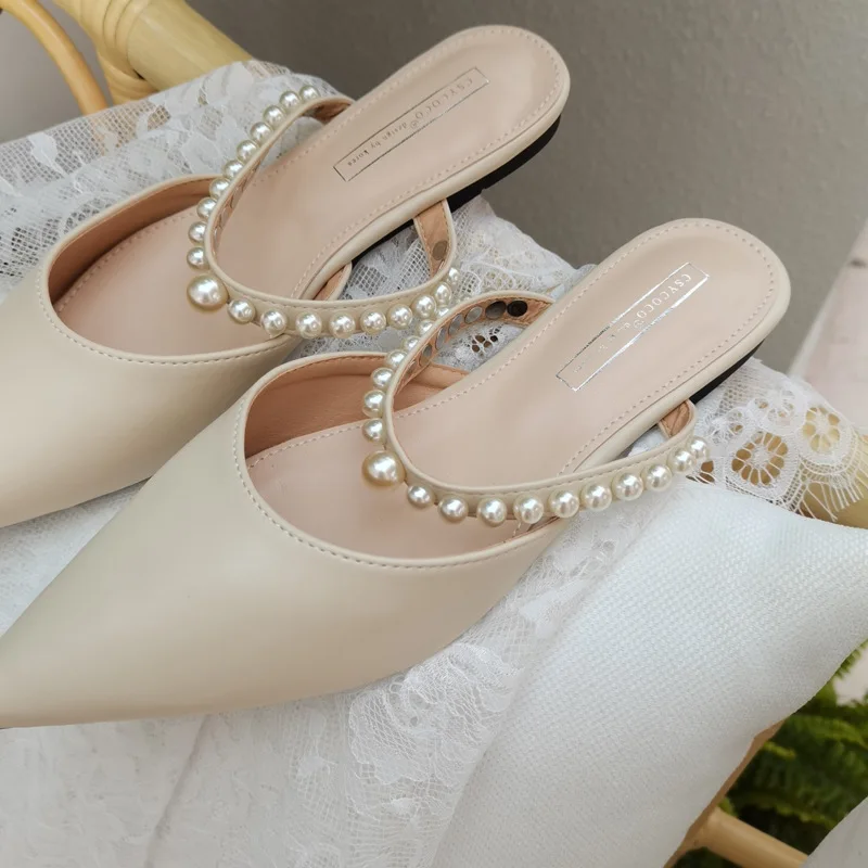 

2021 new style Korean fashion pearl comfortable pointed toe ladies lazy bone outdoor open-toed slippers