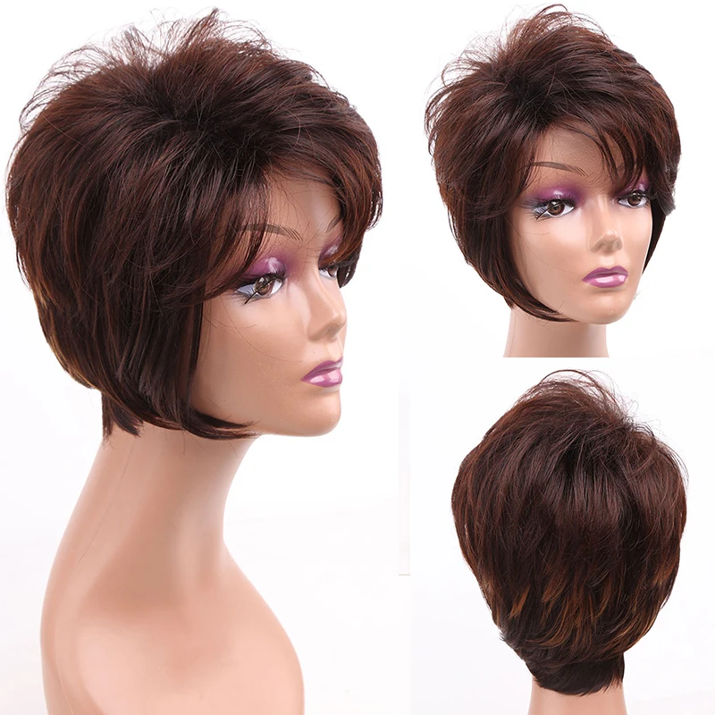 

Amir Synthetic Afro Wig Short Pixie Cut Staight Wigs for Black Women Mixed Brown Red Hair with Bangs Full Machine Made Wig