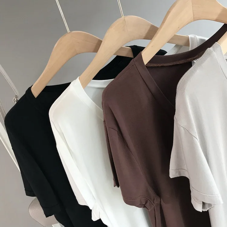 

Women's Short-sleeved T-shirt Summer New Solid Color V-neck Peach-shaped Collar T-shirt Comfortable Cool Bottoming T-shirt Women