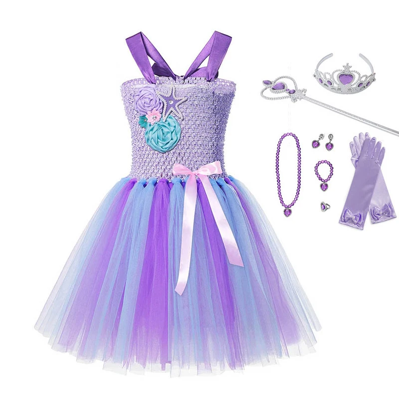 Dress Set 04 Связанные крючком бретели Платье русалки для девочек Карнавальный костюм детские мини фиолетовые платья Детские вечерние платья принцессы Ариэль на Хэллоуин пачка - Цвет: Dress Set 04