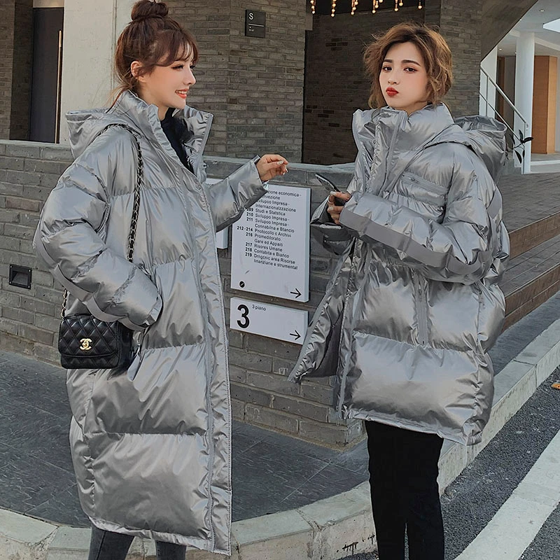 

Unua amo Winter Jacket Women Long Hooded Women's Parka Coat 2021 Fashion Glossy Black Thick Warm Loose Puffer Bubble Jacket