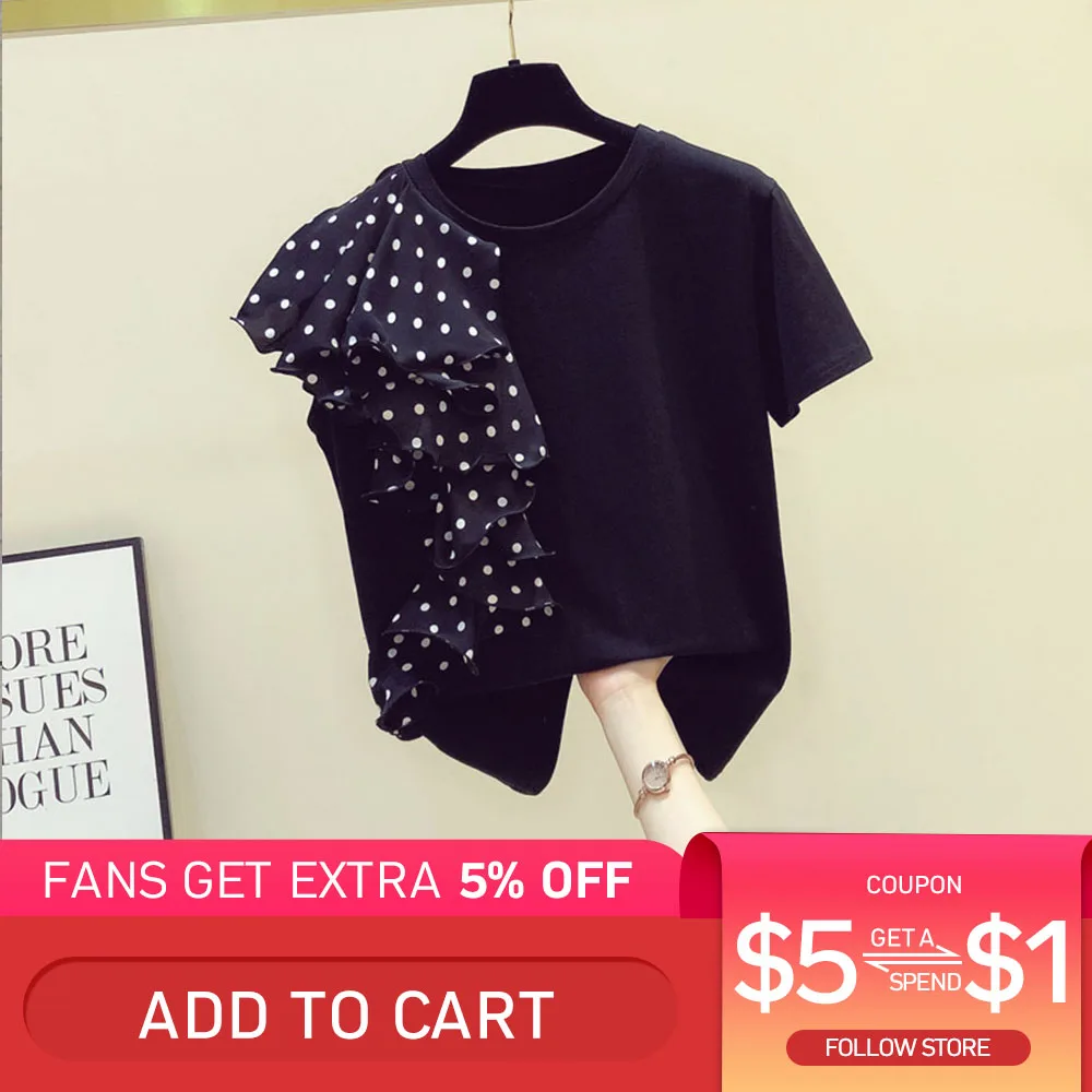 Женская Асимметричная футболка с коротким рукавом рюшами в горошек круглым