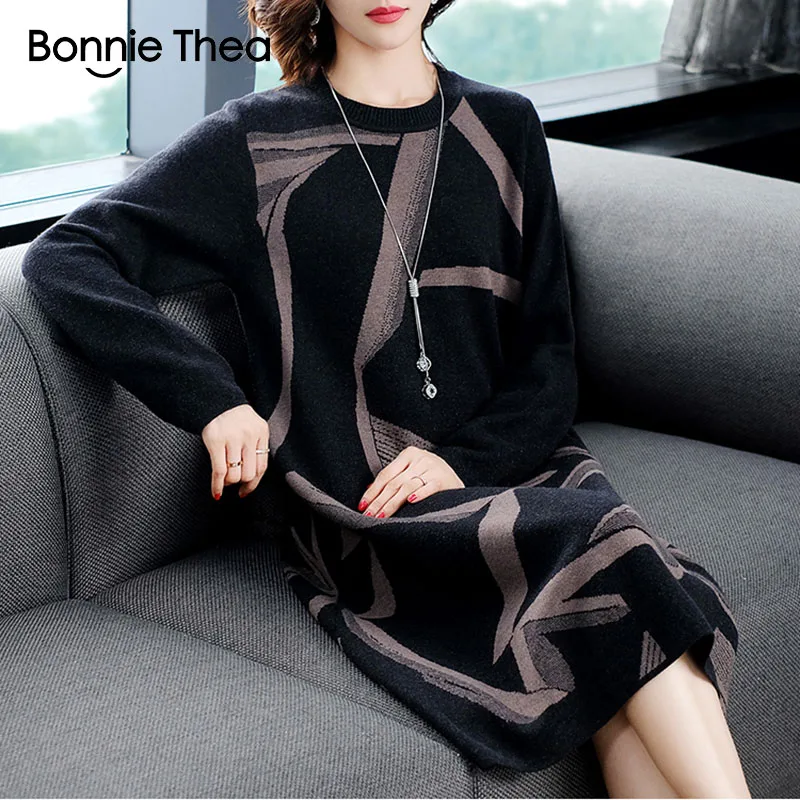 Женское вязаное платье свитер Bonnie Thea черные вечерние платья свободного размера