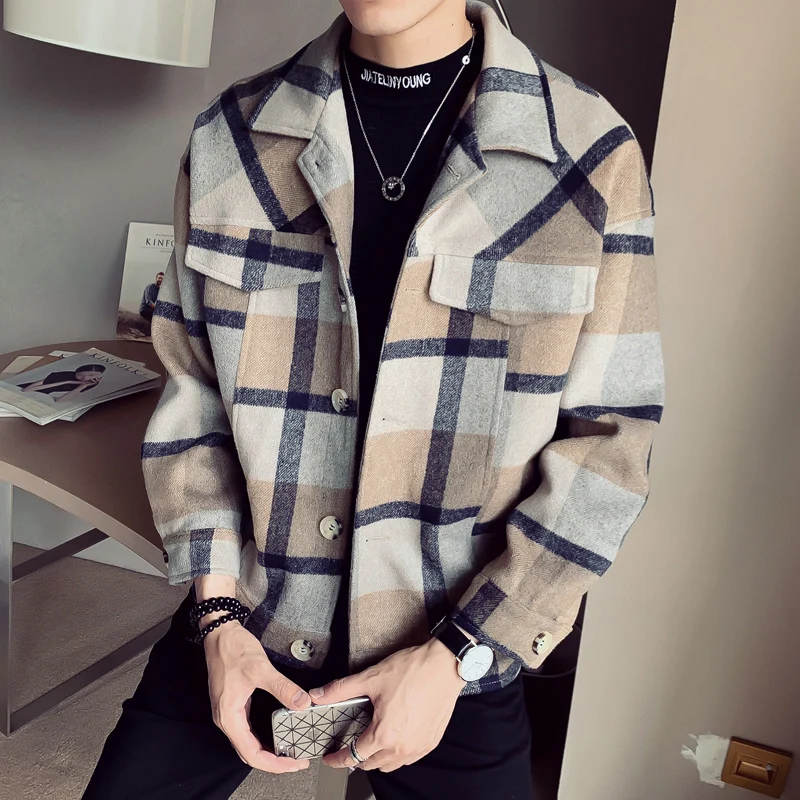 2019 осенне-зимнее Новое мужское модное короткое клетчатое шерстяное пальто с