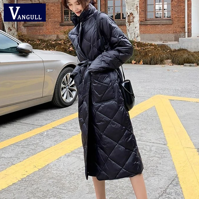 

Vangull rhombus pattern Long Straight Winter Coat Adjustable Waist Sashes Women Parkas Deep pockets Turn-down Collar outerwear