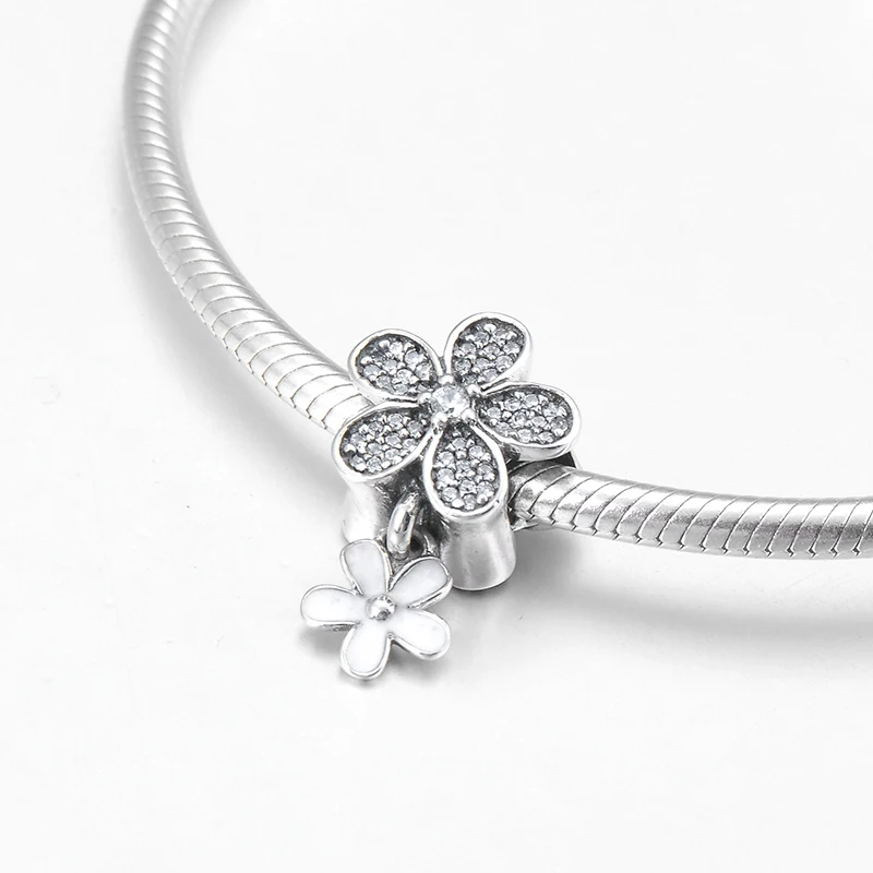 Real 925 Sterling Silver sparkling clear CZ white enamel flower Beads Pendant Fit Original LYNACCS Bracelet Charm Jewelry making | Украшения