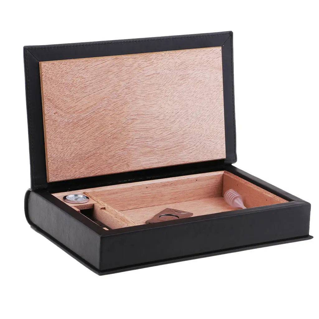 

Desktop Cigar Humidor Leather Case Storage Box Wood with Cigar Hygrometer and Humidifier Cutter Knife Set