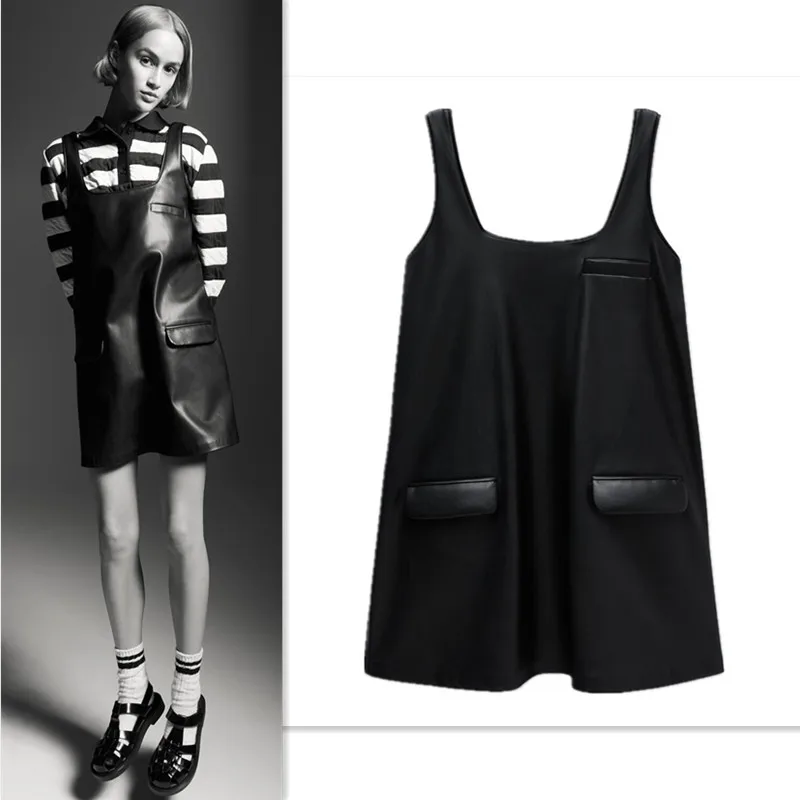 

Дизайнерское простое дизайнерское классическое модное черное элегантное мини-платье-жилет из искусственной кожи 2021 Красивое Черное корот...