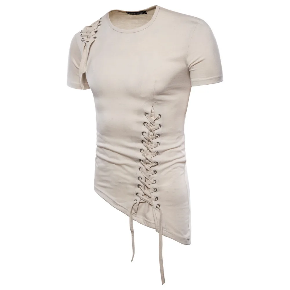 

Men irregular design hip hop punk t shirt tops lacing slim fit tee shirts men gothic style tee shirts nightclub stage costume