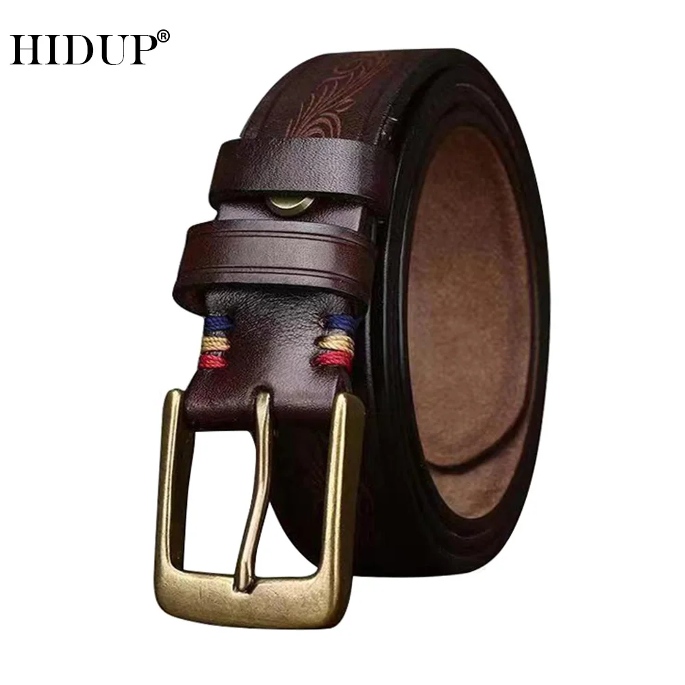 HIDUP Unique Design Handmake Solid Cowhide Belts Brass Buckle Retro Styles Floral Cowskin Leather Belt Jeans Accessories NWJ1138