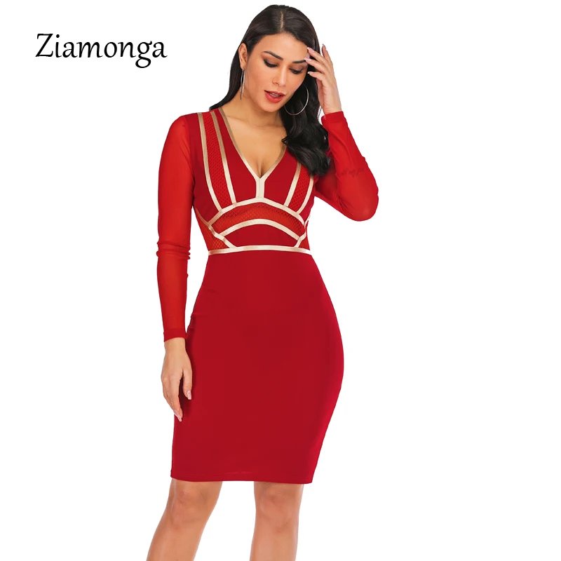 Ziamonga/сексуальное женское облегающее Бандажное платье с длинным рукавом черного