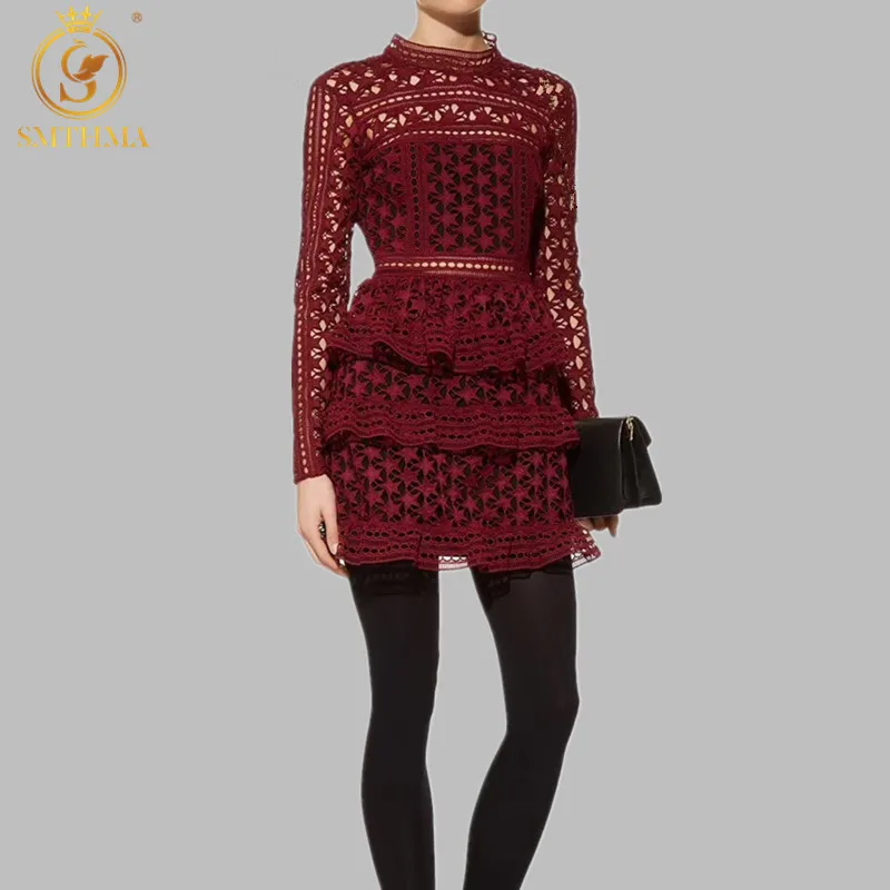 

SMTHMA 2021 New Arrival Spring Red/Blue/Party Lace Hollow Out Dress Women Long Sleeve Dress Vestidos